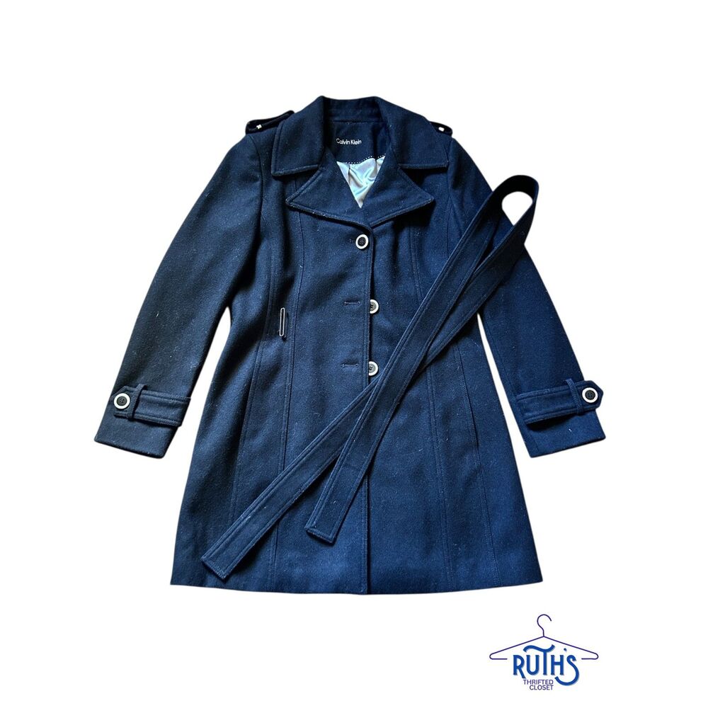 Calvin Klein Black Wool Blend Coat with Belt
